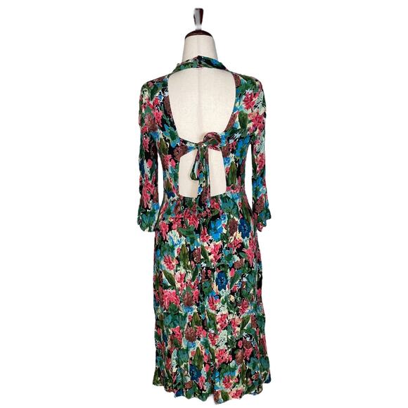 ZARA Watercolor Floral Print Open Back Long Sleeve Midi Dress    Size: L - Picture 5 of 6